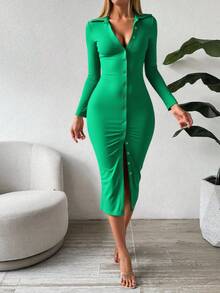 Button Front CollaredBodycon Midi Dress - Verde - Ver 2