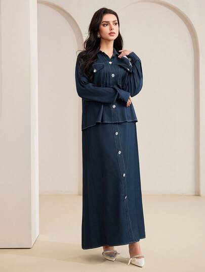 Veilorie 女士纯色前扣长袖上衣和裙子，优雅阿拉伯风格套装