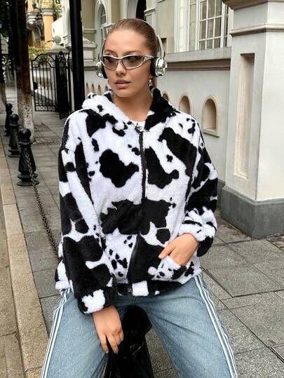 SHEIN EZwear Plus Size Black & White Plush Cow Print Jacket, Autumn & Winter Fall