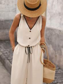 Brillora Bộ đồ liền thân thường ngày cho nữ, cổ chữ V, thắt nơ, túi trước, họa tiết tương phản, thích hợp cho kỳ nghỉ - Màu be - Xem 2