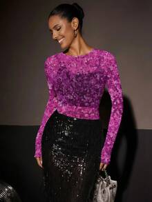 Glamance Vecteezy Women's Y2K All-Over Print Crew Neck Long Sleeve Fitted Fashionable Top Sequin Top Women Long Sleeve Top Women Purple Top Women Sparkle Top Glitter Top Women - Multicolor - View 1