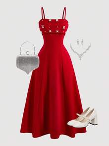 少女珍珠装饰腰部收紧优雅吊带背心连衣裙 - 紅色 - 查看 1