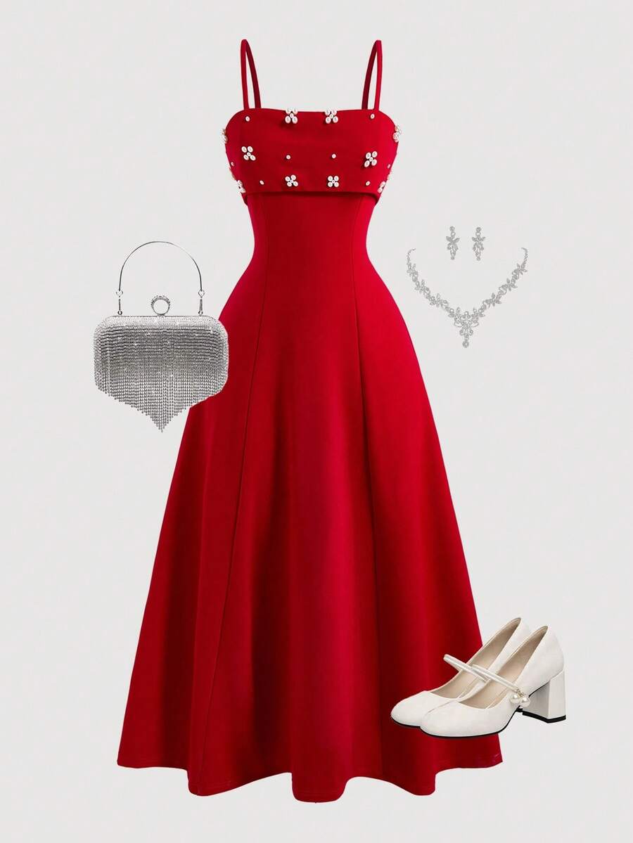 少女珍珠装饰腰部收紧优雅吊带背心连衣裙 - 紅色 - 查看 1
