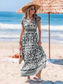 Sylviya Váy chữ A in họa tiết hoa giản dị cho kỳ nghỉ dành cho nữ, cổ chữ V, tay lửng, eo thắt chặt, viền bèo nhún - màu đen - Xem 4