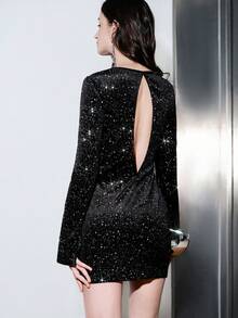 Lumivelle 女士时尚丝绒银箔露背设计连衣裙 - 黑色 - 查看 2