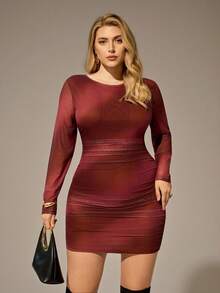 Auralis Vestido mini ajustado de manga larga con cuello redondo, estampado artístico de degradado y teñido anudado, adecuado para otoño/invierno, estilo Y2K Baddie, festival de música, tallas grandes - Multicolor - Ver 4