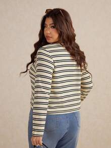 Elaquor Áo thun cardigan kẻ sọc cổ tròn cài nút phía trước cỡ lớn - Màu xanh lam - Xem 2