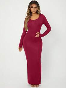 SHEIN PETITE CURVE 小码加大码纯色圆领紧身连衣裙 - 紅色 - 查看 3