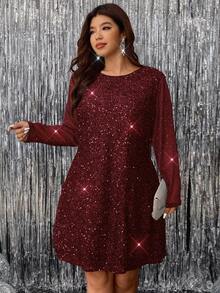 Reflora Đầm thời trang thanh lịch cổ tròn tay dài hở lưng màu trơn cỡ lớn cho nữ - Màu Đỏ Sâu - Xem 5