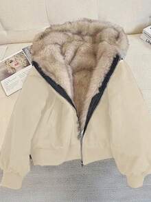 Franclia 时尚优雅休闲连帽仿皮草拼接厚款黑色女式夹棉大衣，秋冬款 - 杏色 - 查看 3