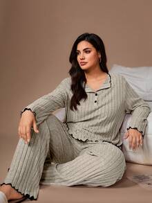 Lazeform Plus Size Women's Light Gray Lapel Ruffled Ribbed Knit Long Sleeve Top And Pants 2-Pieces Pajama Set,Light Green,Autumn,Nighty Winter Clothes - Light Grey - View 6