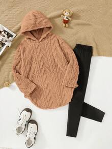 SHEIN Tween女孩 NOVA Store 時尚休閒可正反穿著抓絨秋季連帽衛衣與緊身褲2件套 - 棕色 - 查看 2