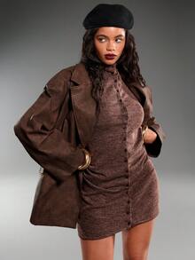 Normani Women's Snake Skin Pattern Loose Waist PU Leather Jacket - Brown - View 6