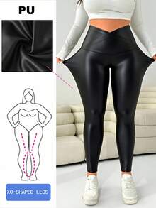 SHEIN EZwear Plus Size Women Casual Solid Color Asymmetric Waist PU Leggings/Winter Leggings Plus Size - Black - View 1