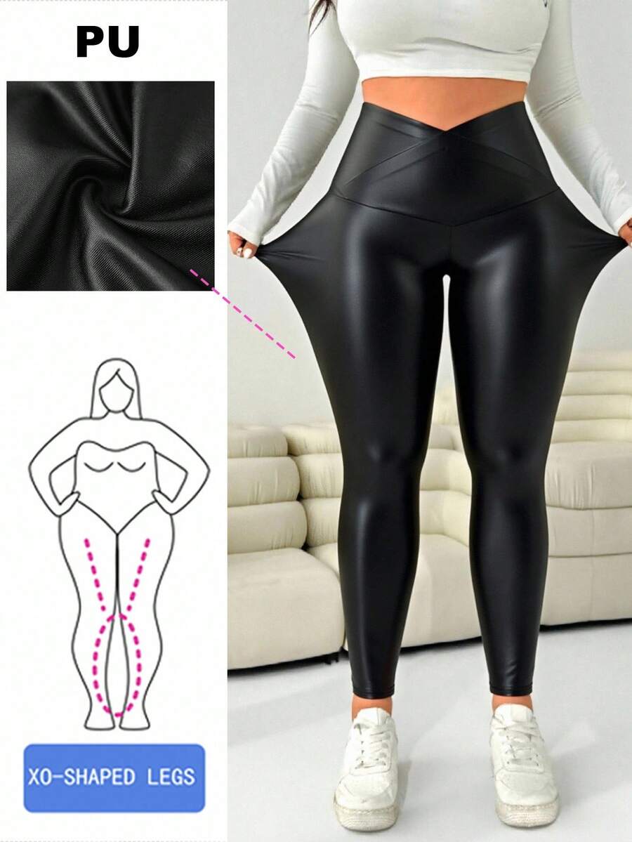 SHEIN EZwear Plus Size Women Casual Solid Color Asymmetric Waist PU Leggings/Winter Leggings Plus Size - Black - View 1