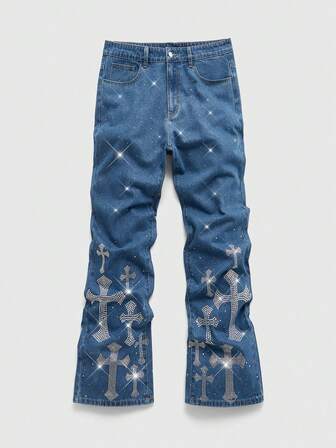Street Life Jeans di jeans semplici da uomo con decorazioni in strass per uso quotidiano