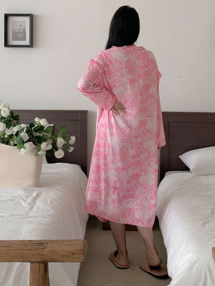 Tie-Dye Print Ruffle Trim Long Nightgown For Women