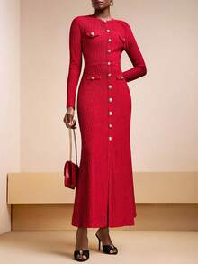 Zivah 2025秋冬季新年、情人节、派对、宴会、约会、生日派对、学院风、学生装、日常出行、百搭基础款、休闲、邮轮旅行、爆款、优雅、通勤、商务休闲、简约圆领无袖金属纽扣装饰鱼尾裙、修身半身裙、红色竖条纹针织面料、派对长裙、秋冬女装 - 紅色 - 查看 5