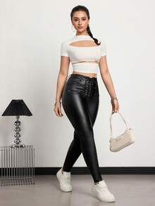 Jeanoix 韩版女士紧身包臀高腰紧身打底裤 - 黑色 - 查看 4