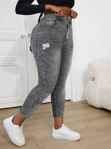 SHEIN ICON Jeans pitillo de talla grande en denim azul desgastado - Gris - Ver 6