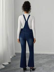 SHEIN Maternity Ombre Color Fitted Pocket Flare Leg Denim Overalls - Dark Wash - View 2