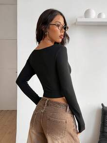 Coolane Women's Spring/Summer Streetwear Y2K Daily Wear Casual Date Night Rib Knit Lace Patchwork Stretchy Slim Fit Long Sleeve Crop Square Neck T-Shirt - Black - View 6