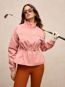 Activina Women's Solid Color Minimalist Daily Wear Zip-Up High Collar Long Sleeve Sports Jacket - Pink - View 1