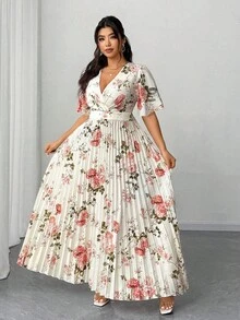 Elenzga 大码女装春夏新款印花连衣裙，短泡泡袖，深V领，收腰设计，褶皱长款连衣裙。适合浪漫假期、约会、旅行、都市漫步、音乐节和各种浪漫场合。 - 彩色 - 查看 3