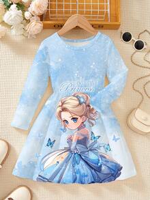 Girls Long Sleeve Dress, Blue Princess Butterfly Pattern, Fashionable & Versatile, Cute For Everyday Wear - Multicolor - View 3