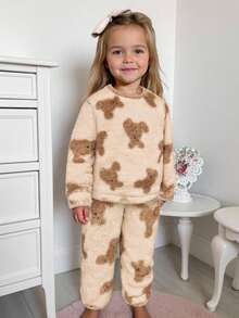SHEIN 2pcs/Set Young Girls Cute Cartoon Pattern Fluffy Long Sleeve Top And Elastic Waist Pants Suit,Autumn Fairy Night Loungewear Set,Christmas Gift,Winter - Multicolor - View 1