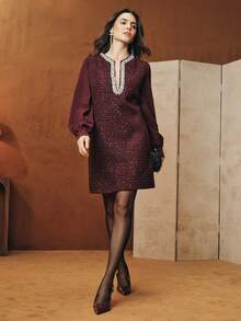 Anewsta Rhinestone Embellished Deep V-Neck Long Sleeve Mini Party Dress For Women