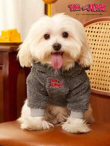 TOM & JERRY X PETSIN 1件汤姆猫刺绣3D耳朵装饰可爱双面毛绒材质保暖舒适连帽狗帽衫汤姆猫cos帽衫