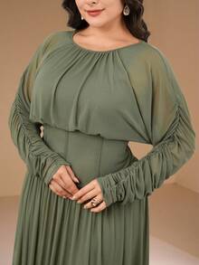 Veilorie Plus Size Solid Color Round Neck Long Sleeve Casual Fishbone Pleated Casual Dress - Olive Green - View 7