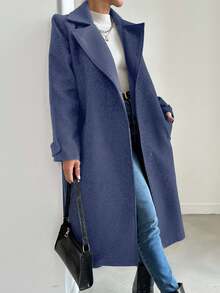 EURMUSE 女式純色翻領毛呢大衣 - 藏蓝色 - 查看 4