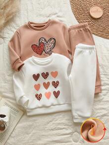 SHEIN Vintaside Kids 女婴春秋季圆领长袖多件套服装，时尚休闲简约百搭印花连帽衫搭配休闲百搭长裤，适合日常户外休闲穿着 - 彩色 - 查看 1