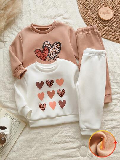 SHEIN Vintaside Kids 女婴春秋季圆领长袖多件套服装，时尚休闲简约百搭印花连帽衫搭配休闲百搭长裤，适合日常户外休闲穿着