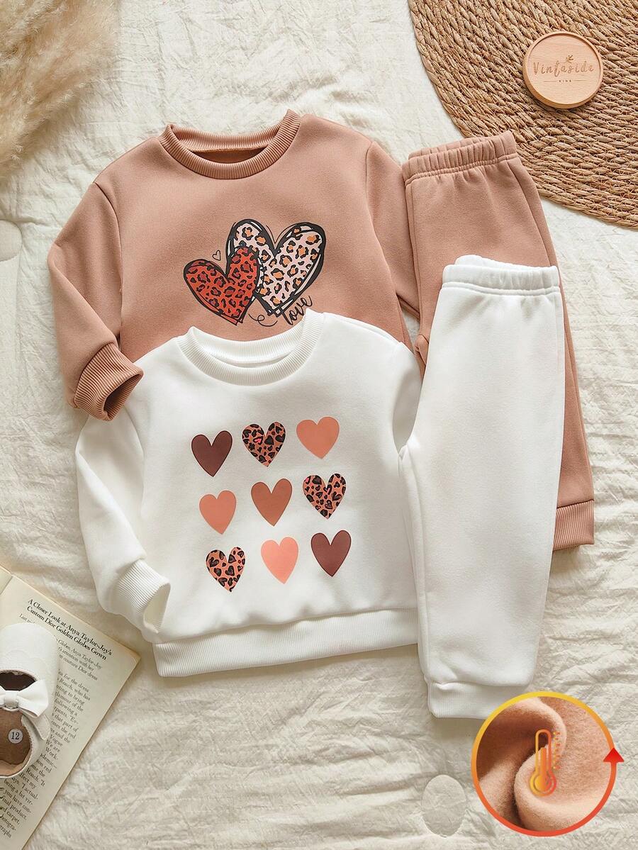 SHEIN Vintaside Kids 女婴春秋季圆领长袖多件套服装，时尚休闲简约百搭印花连帽衫搭配休闲百搭长裤，适合日常户外休闲穿着 - 彩色 - 查看 1