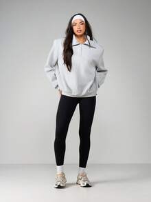 MISSGUIDED Women's Oversized Zip Neck Sweatshirt With Shoulder Pads Casual Pullover Long Sleeve Winter Fall Comfort Top - Light Grey - View 4