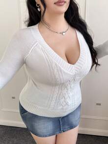 CovetEZ Plus Size V-Neck Long Sleeve Cable Knit Casual Pullover Sweater For Women, Versatile For Commuting, Autumn/Winter - White - View 4