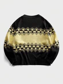 ROMWE MEN Street Life 男士复古街头风 Polo 领刺绣波浪纹针织毛衣 - 黑色 - 查看 2