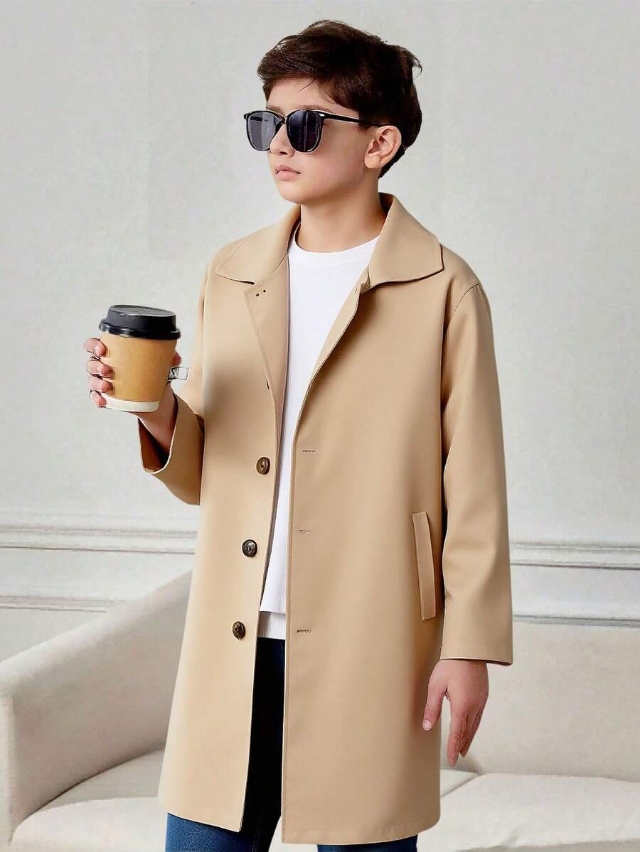 Vacaura Tween Boy 中长款休闲翻领宽松风衣，英伦风单排扣