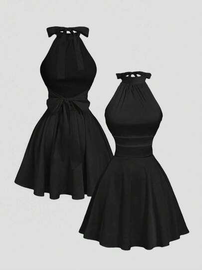 SHEIN MOD Women's Solid Color Backless Twist Ruched Halter Mini Dress,Fall Dresses For Women,Christmas ,Christmas Dress,New Year Dress, Thanksgiving ,Elegant Dresses For Party,Wedding Guest Dress ,Prom Dress,Formal Dress,Evening Dress Chic Wedding