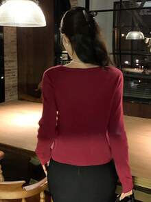 DAZY Cárdigan de mujer con cuello redondo y diseño de lazo delantero, suéter casual para otoño/invierno, Año Nuevo y Navidad - Burdeos - Ver 4