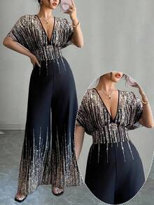 SHEIN Tall CURVE 大码女式条纹深V领蝙蝠袖性感连体裤 - 黑色 - 查看 1