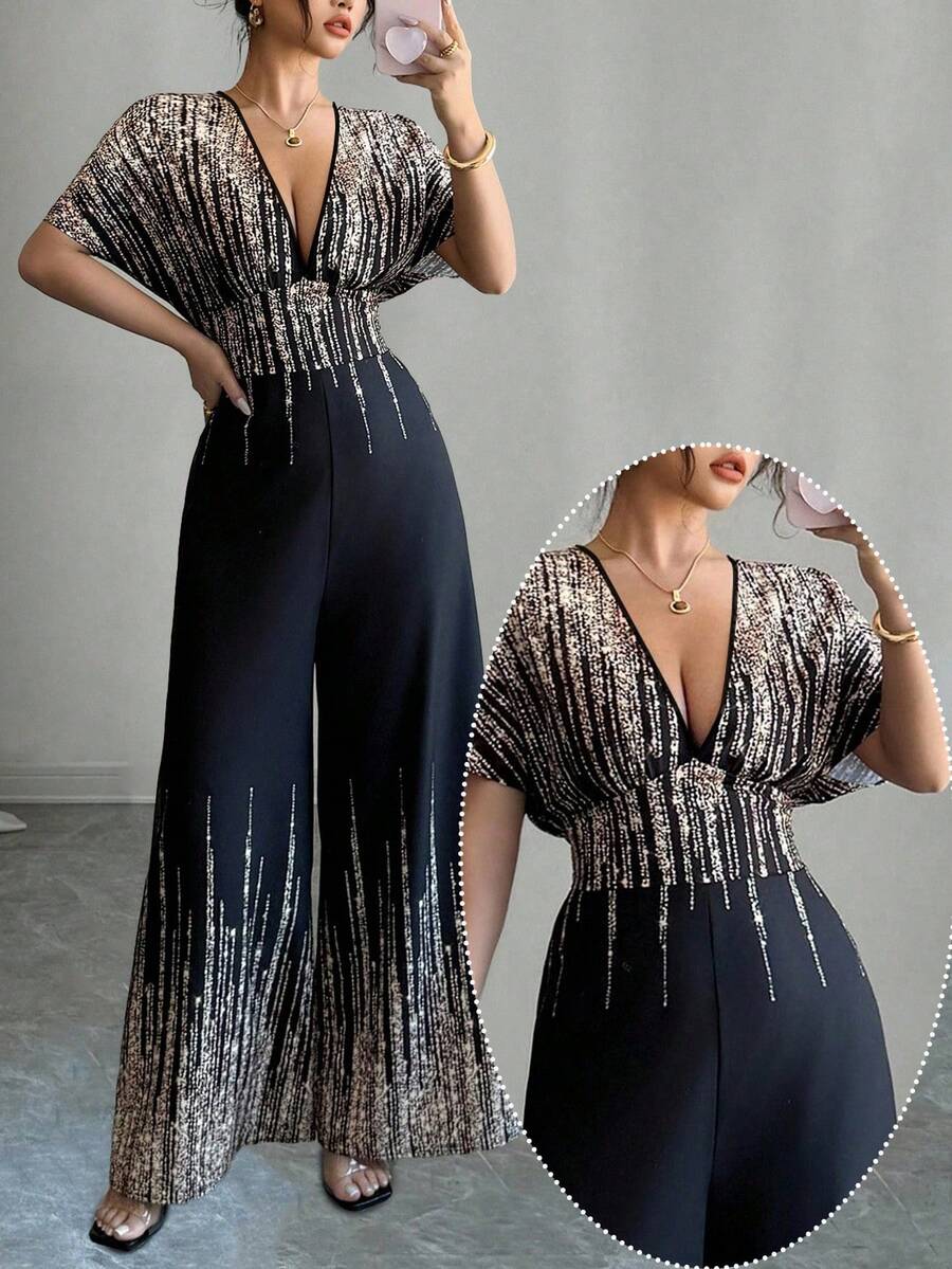 SHEIN Tall CURVE 大码女式条纹深V领蝙蝠袖性感连体裤 - 黑色 - 查看 1