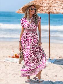 Sylviya Robe longue à ligne trapèze avec manches calées, taille froncée et volant à l'ourlet. Imprimé fleuri décontracté pour vacances. Vêtements bohèmes pour femmes. - Rose vif - Voir 4