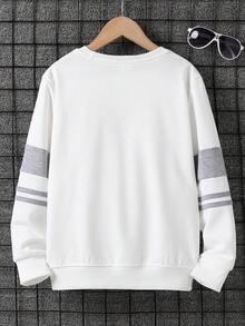 SHEIN Vacaura 男童休闲学院风圆领长袖运动衫，条纹袖子拼接，百搭日常穿着