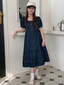 Hapijoa Tween Girls Square Neck Short Sleeve Denim Dress For Summer,Back To School Clothes