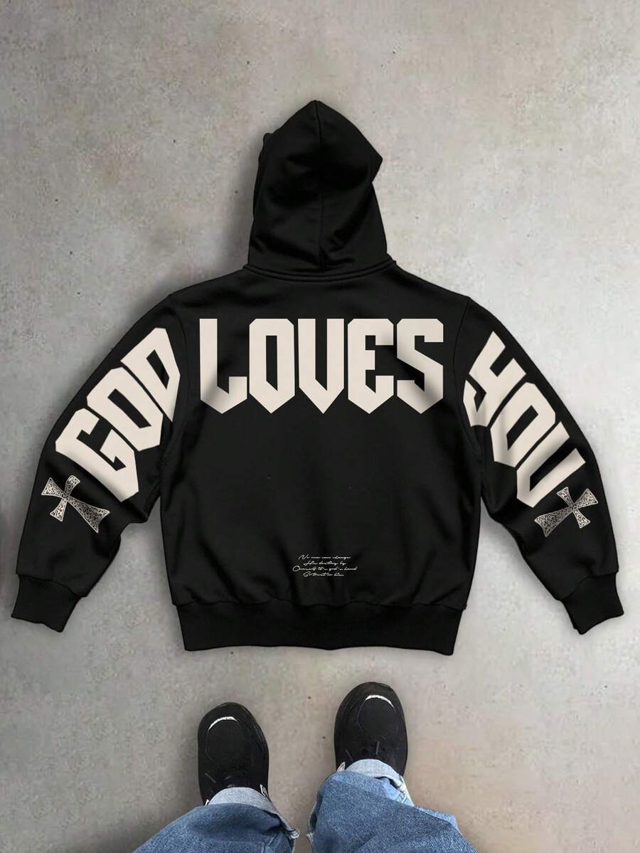 Manfinity EMRG 男士黑色连帽卫衣，“上帝爱你”英文图案，宗教十字架元素，暗黑街头风套头连帽衫，适合春、秋、冬日常穿着，Y2K风格时尚上衣，保暖内衬 - 黑色 - 查看 1