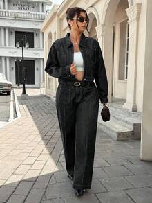 SHEIN ICON 大码女装时尚休闲水洗宽松牛仔裤 - 黑色 - 查看 7